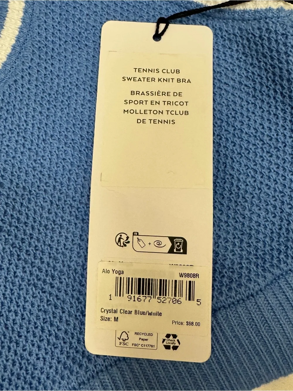 ALO Yoga Tennis Club Sweater Knit Bra Crystal Clear Blue NWT Medium